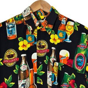 Vtg Montello Club Mens Medium Floral Beer Print Button Up Shirt Short Sleeve